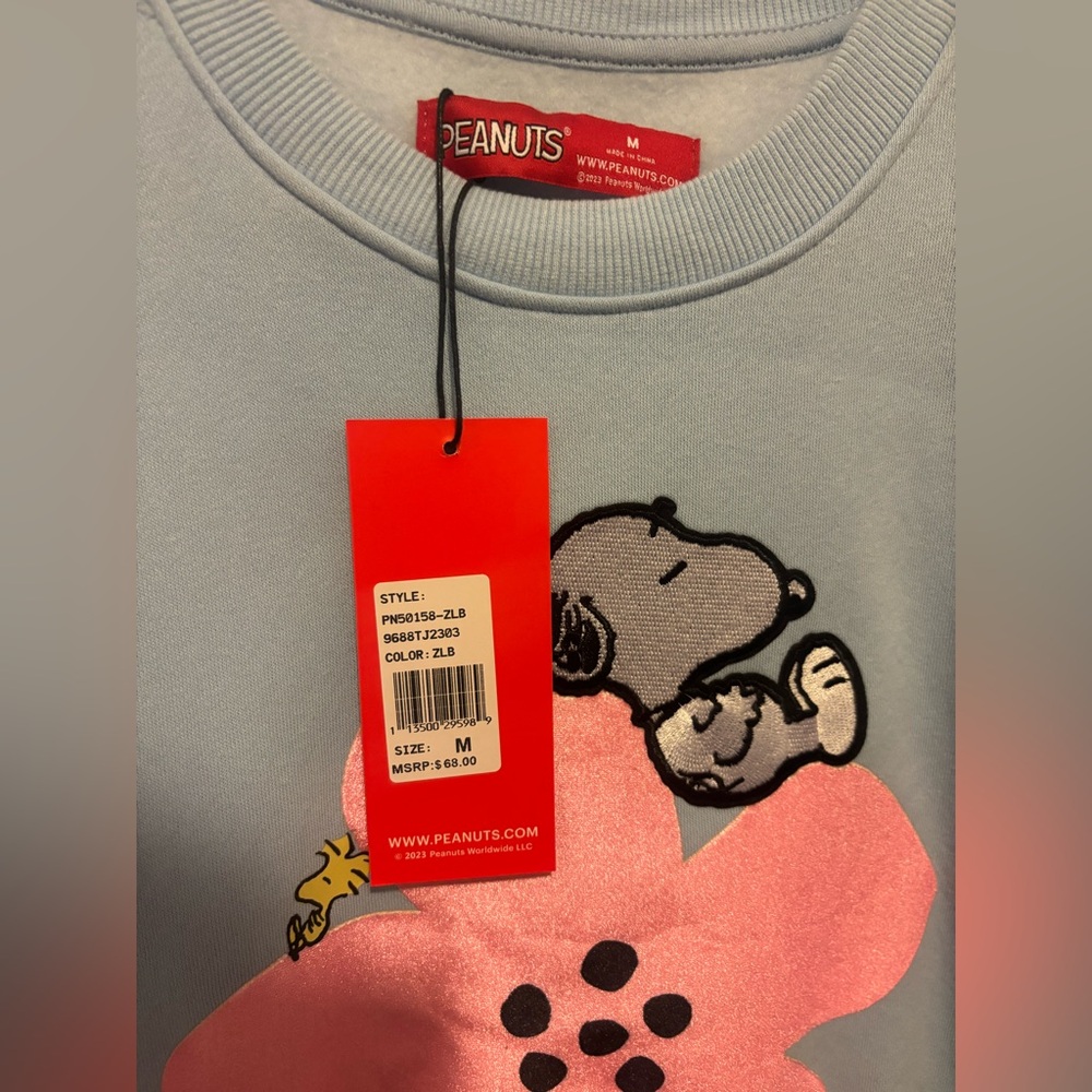 Peanuts Women's Snoopy Blue and Pink Flower Sweater - Picture 2 of 3